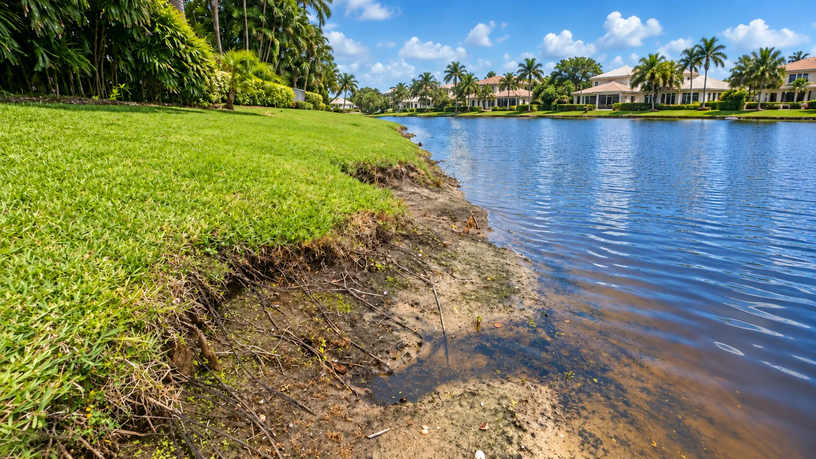 The bank eroded: the lawn is undercut and breaking away, and roots hang over bare sand at the water.